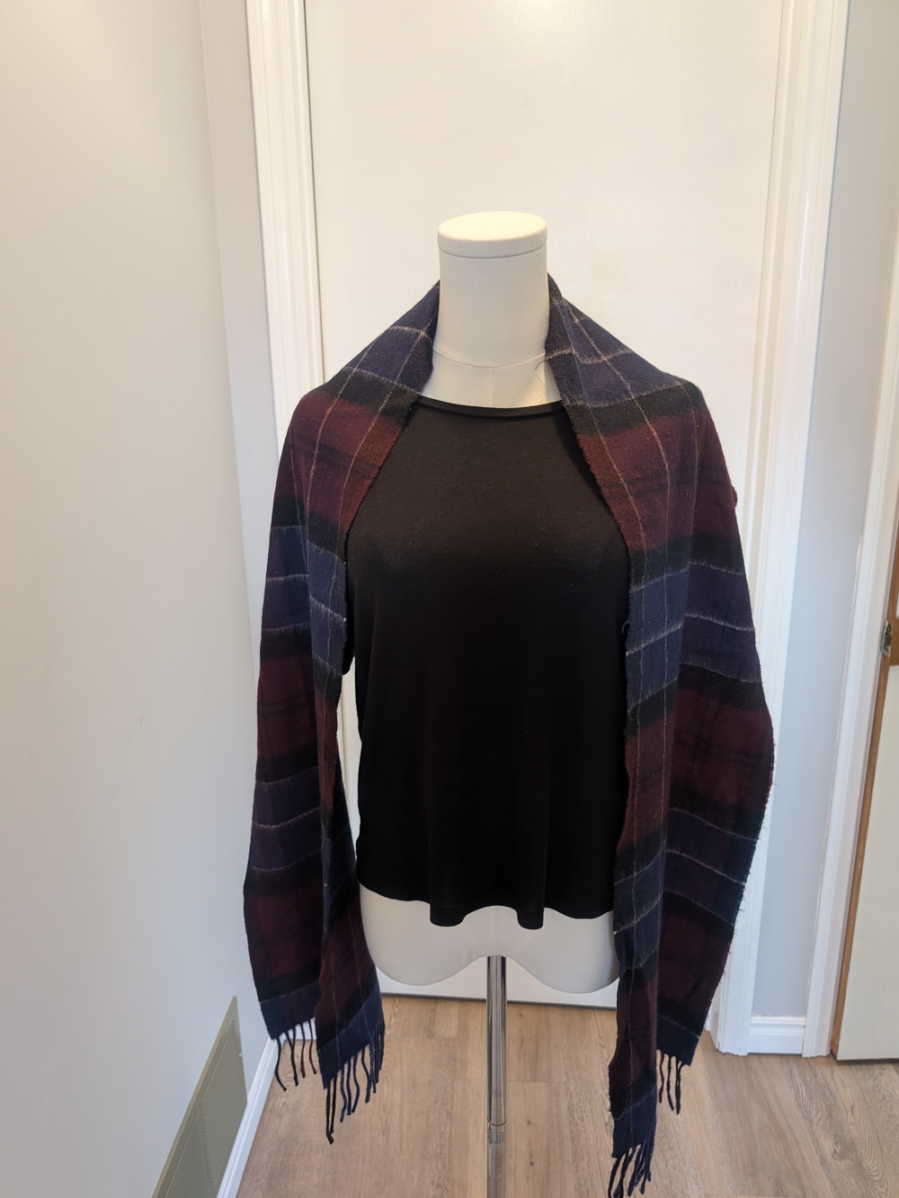 Barbour Black Knit Top with Burgundy & Navy Plaid Scarf